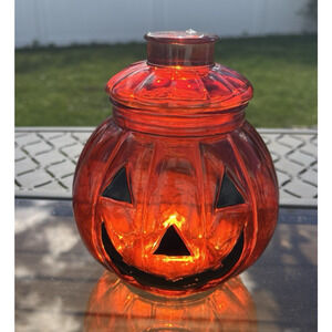 Vintage Halloween Jack o Lantern Pumpkin Glass Candy Jar Treat Canister Trinket